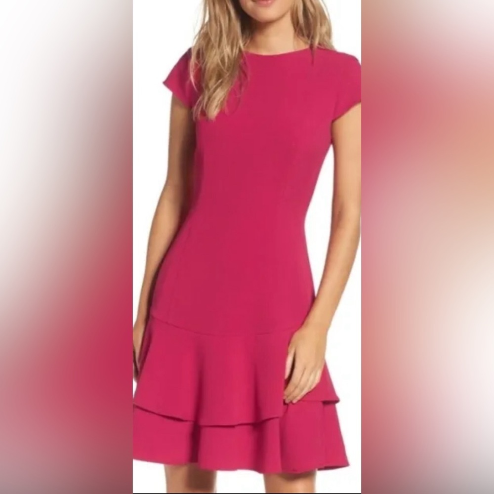 Eliza J Fuchsia Cap-Sleeve Ruffle Hem Dress